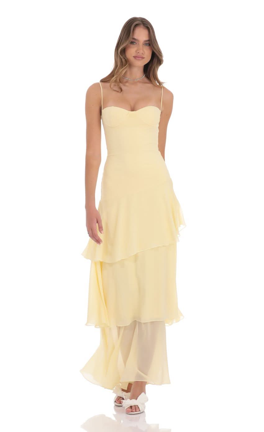 Pale yellow chiffon maxi dress with sweetheart neckline and tiered ruffles for women