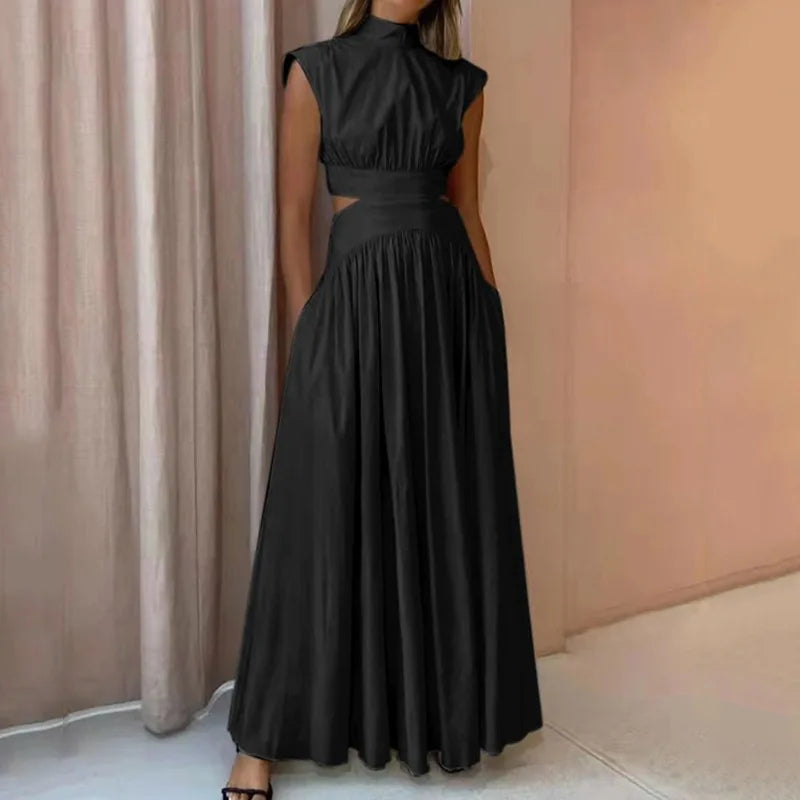 Black formal maxi dress with side waist cutouts and high mock neck