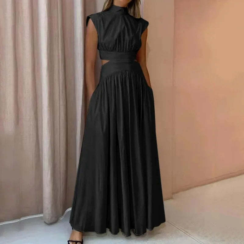 Black formal maxi dress with side waist cutouts and high mock neck