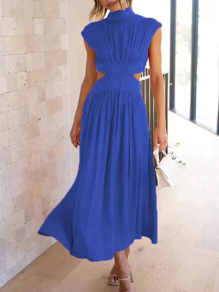 Royal blue cutout maxi dress with gathered waist detail for weddings