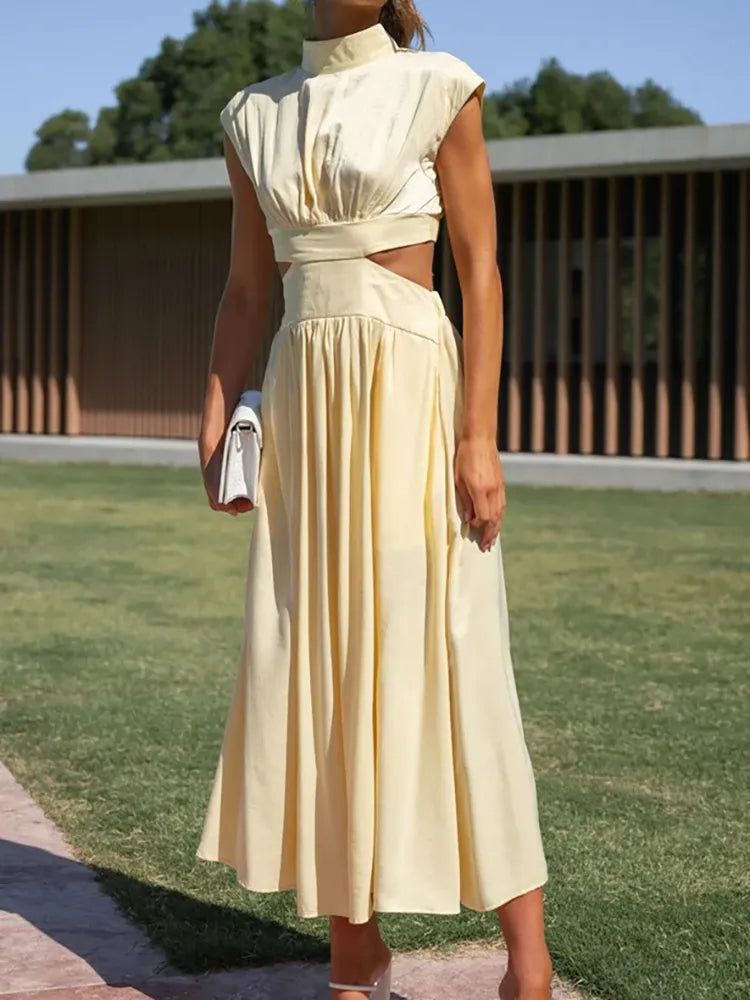 Cream ivory cutout maxi dress with mock neck for formal occasions