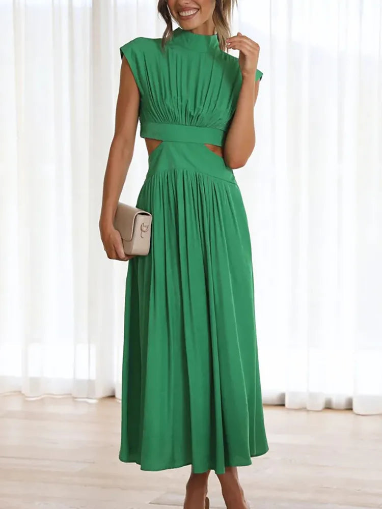 Green cutout maxi dress with mock neck and gathered bodice for women