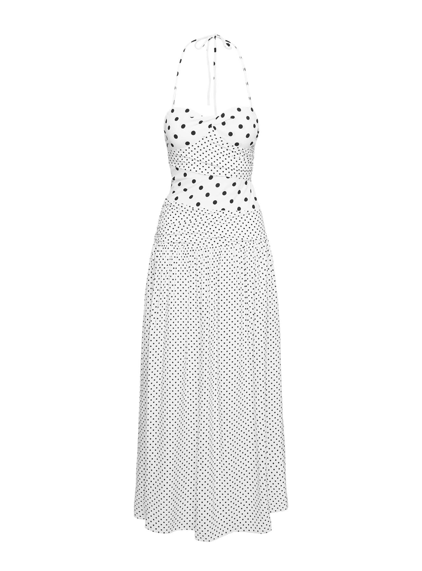 Flat lay back view of women's white polka dot halter maxi dress showing construction detail