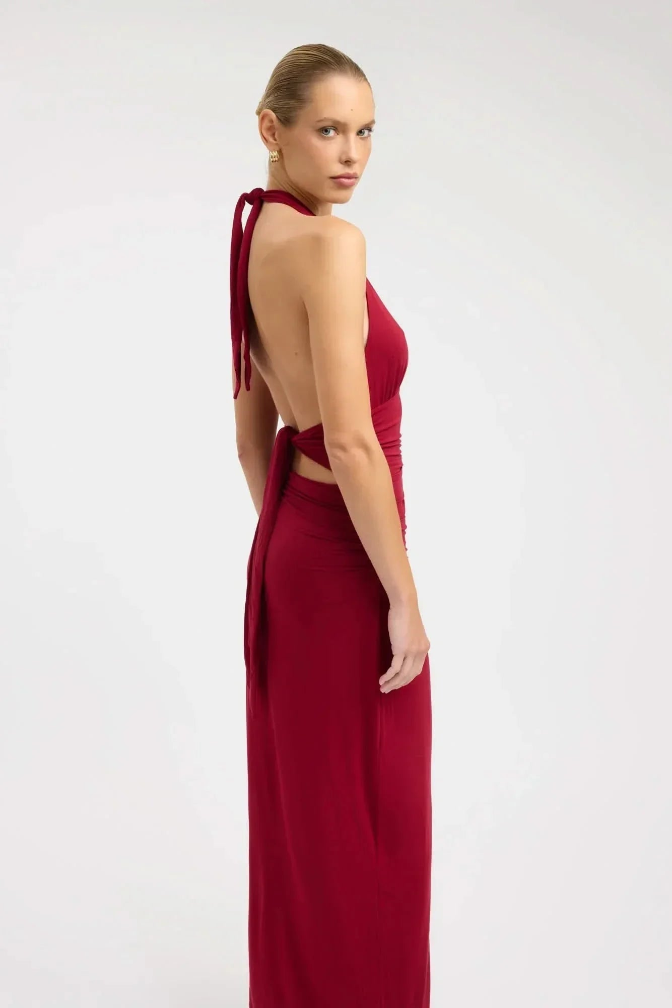 Burgundy halter maxi dress with open back and ruched waist detail