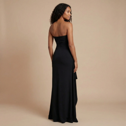 Black ruched maxi dress back view with strapless neckline