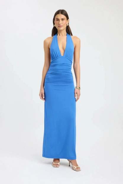 Blue halter maxi dress with deep V-neckline and ruched bodice