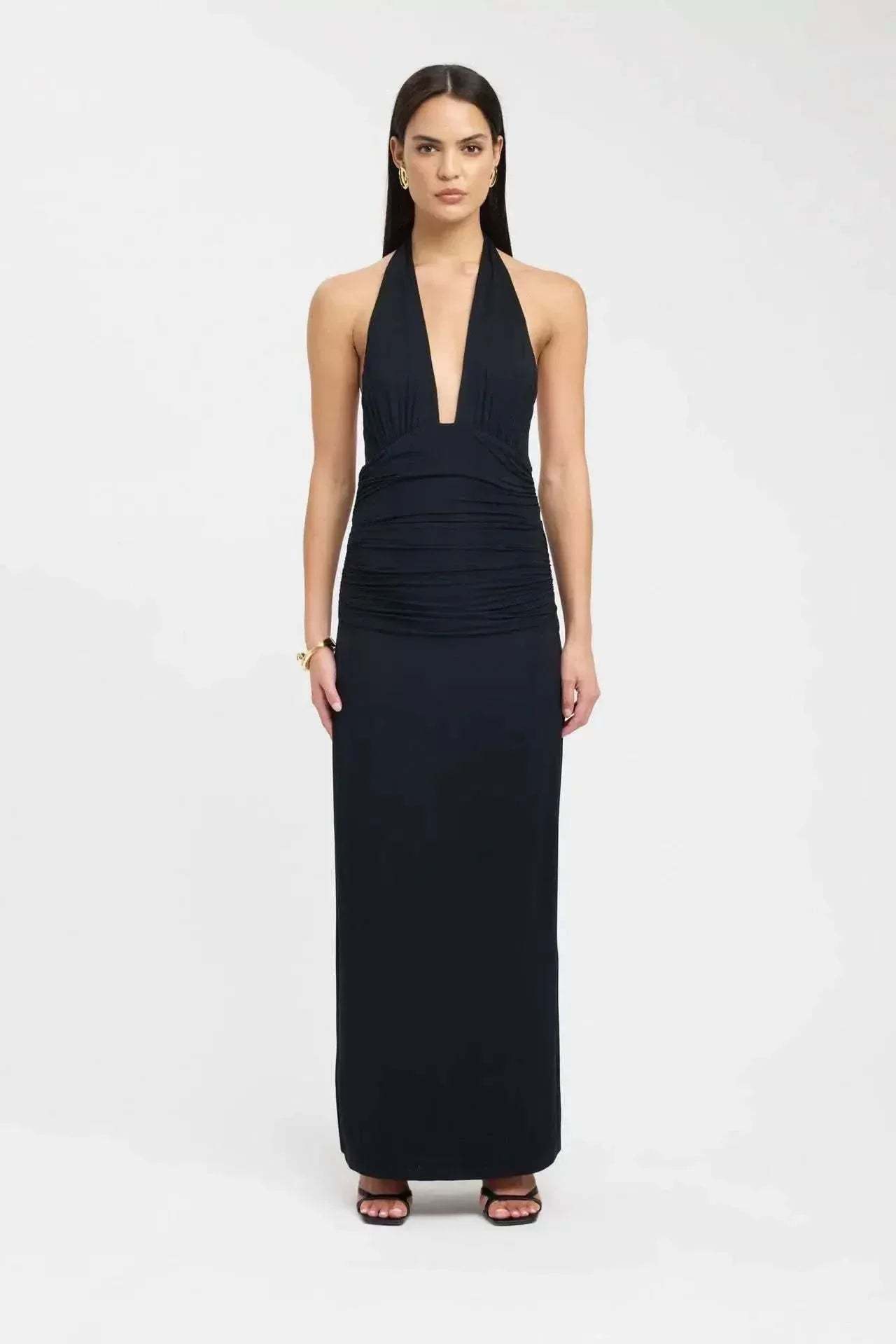 Black halter maxi dress with plunging neckline and ruched bodice