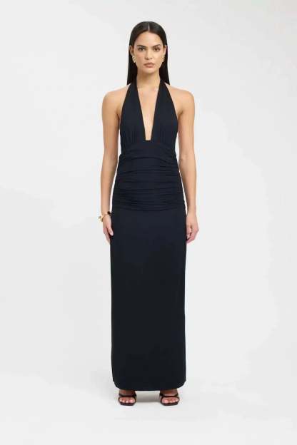 Black halter maxi dress with plunging neckline and ruched bodice