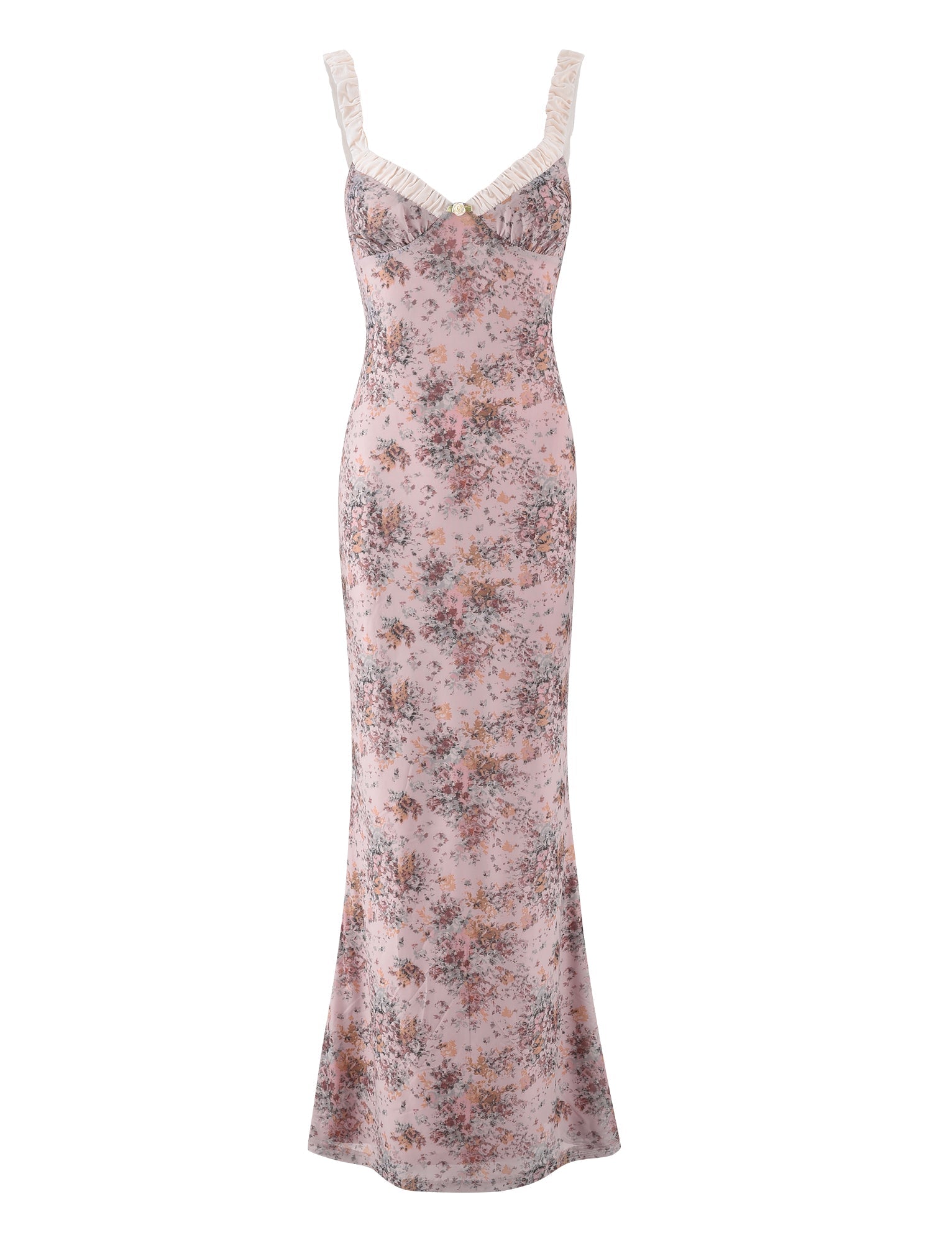 Front flat lay of pink floral maxi dress with white sweetheart neckline