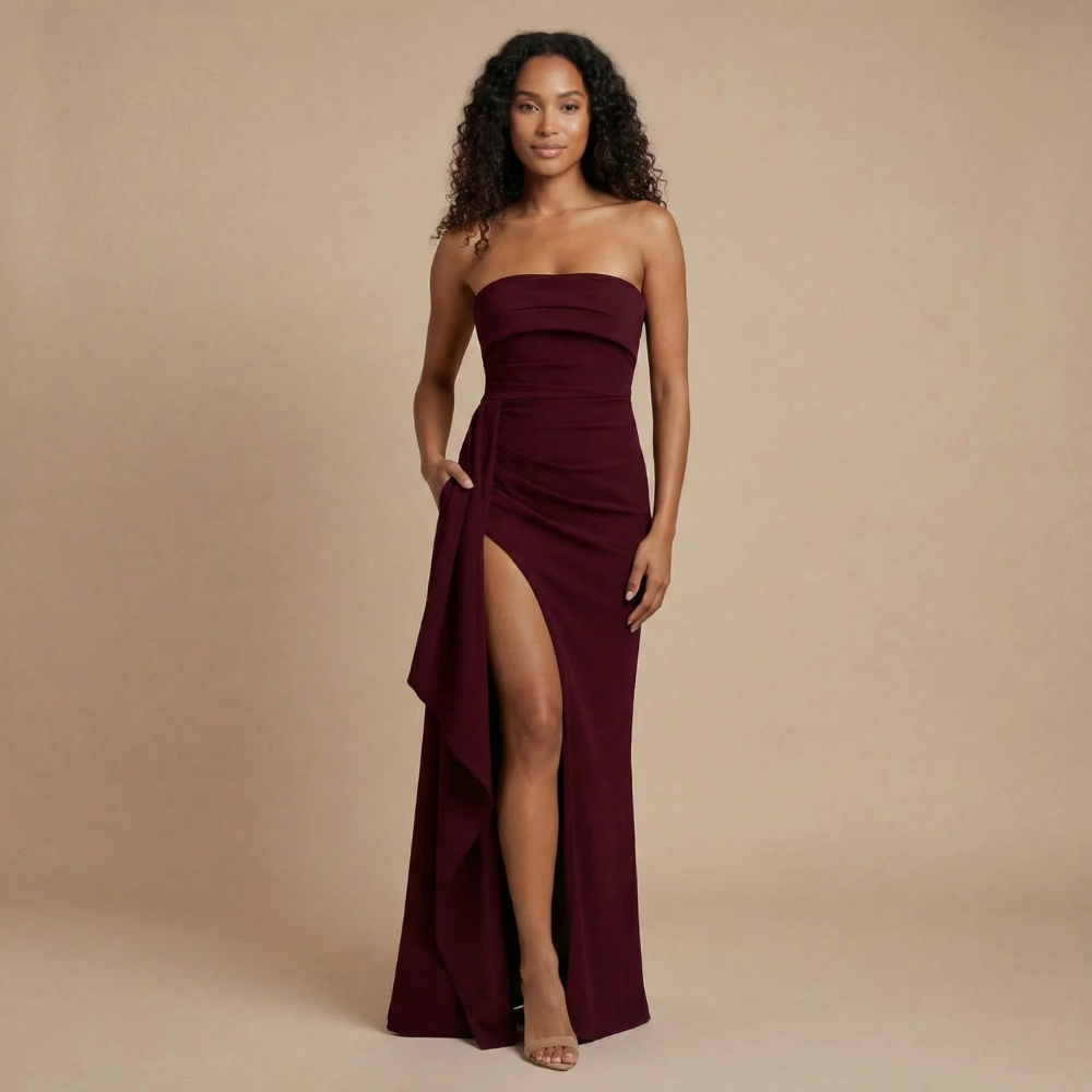 Burgundy strapless ruched maxi dress with high slit