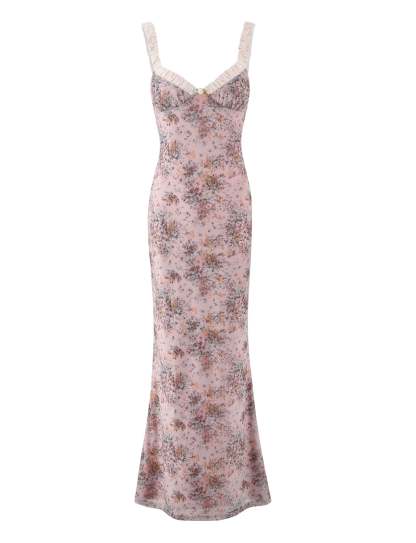 Front flat lay of pink floral maxi dress with white sweetheart neckline
