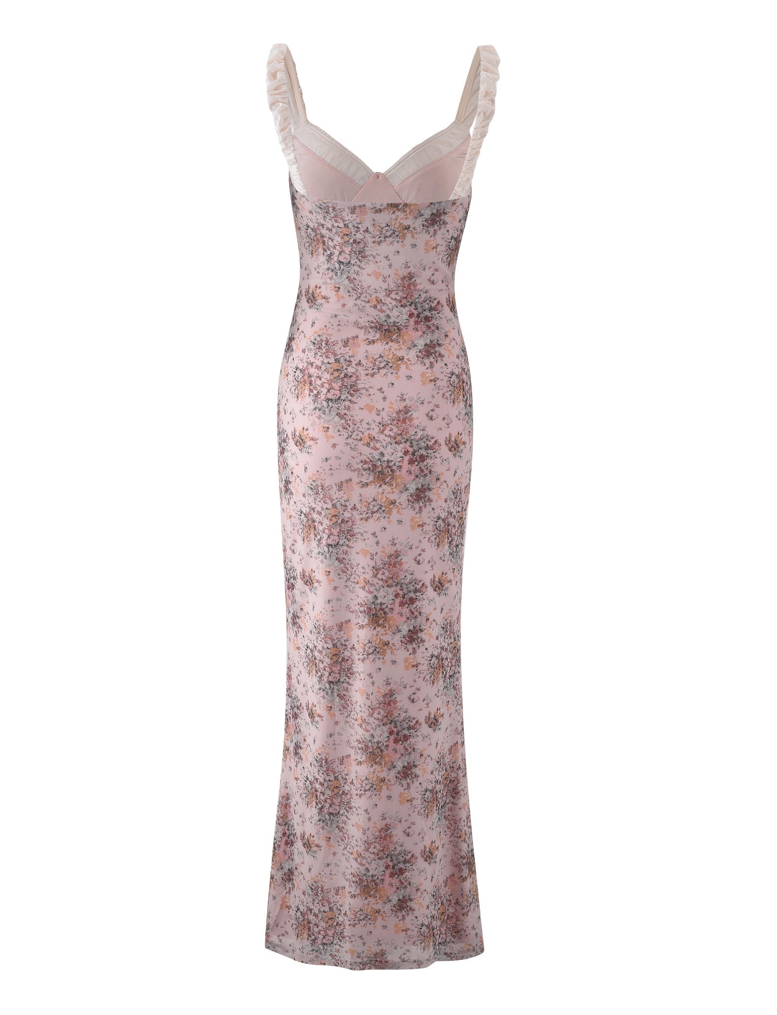 Back flat lay of pink floral maxi dress showing full length silhouette