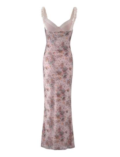 Back flat lay of pink floral maxi dress showing full length silhouette