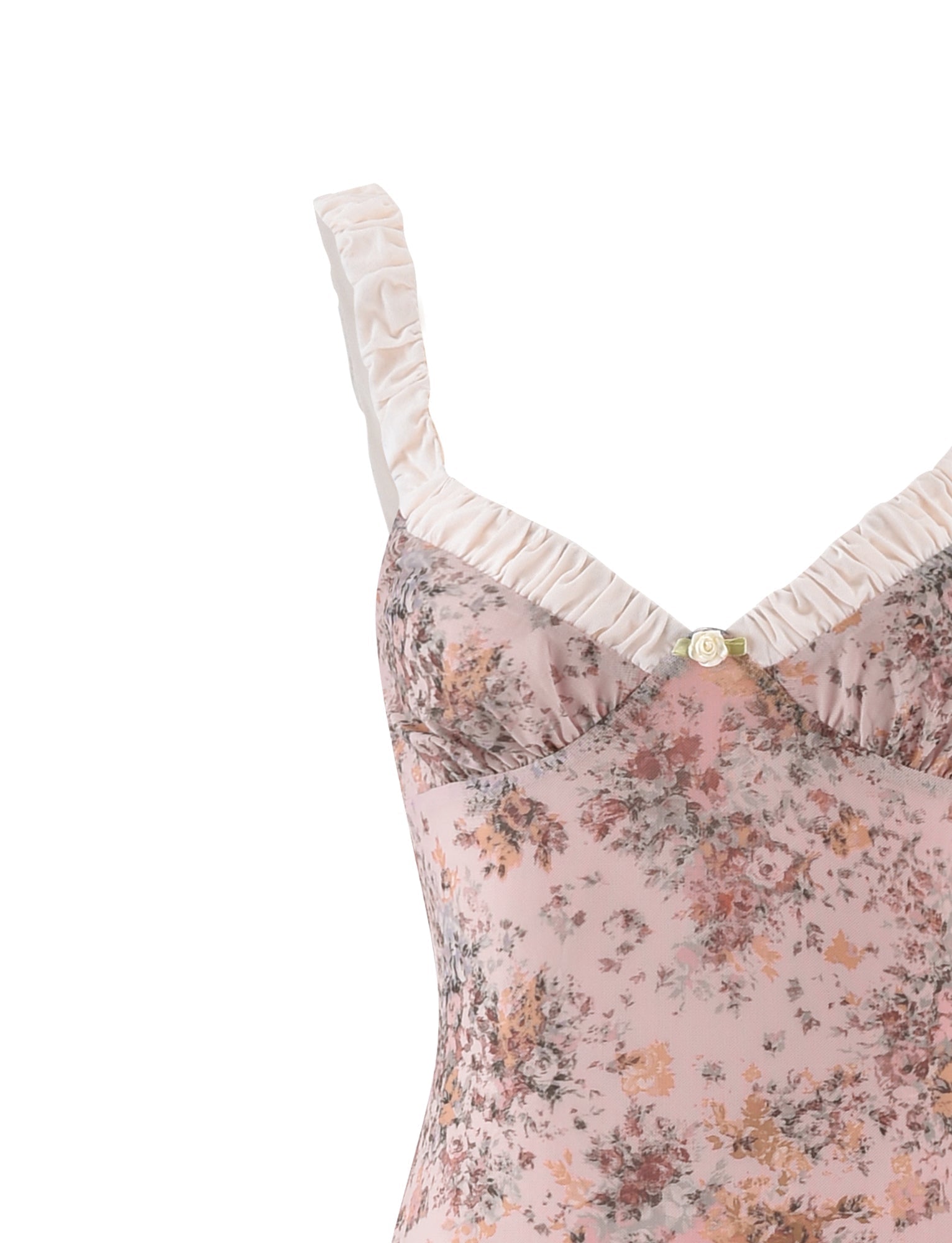 Detail of white ruched strap and sweetheart neckline on pink floral dress