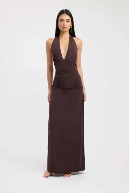 Brown halter maxi dress with deep V-neckline and ruched waist