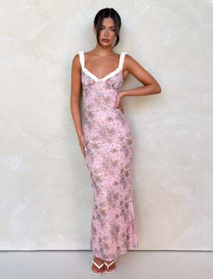 Pink floral ruched maxi dress with white sweetheart neckline and straps