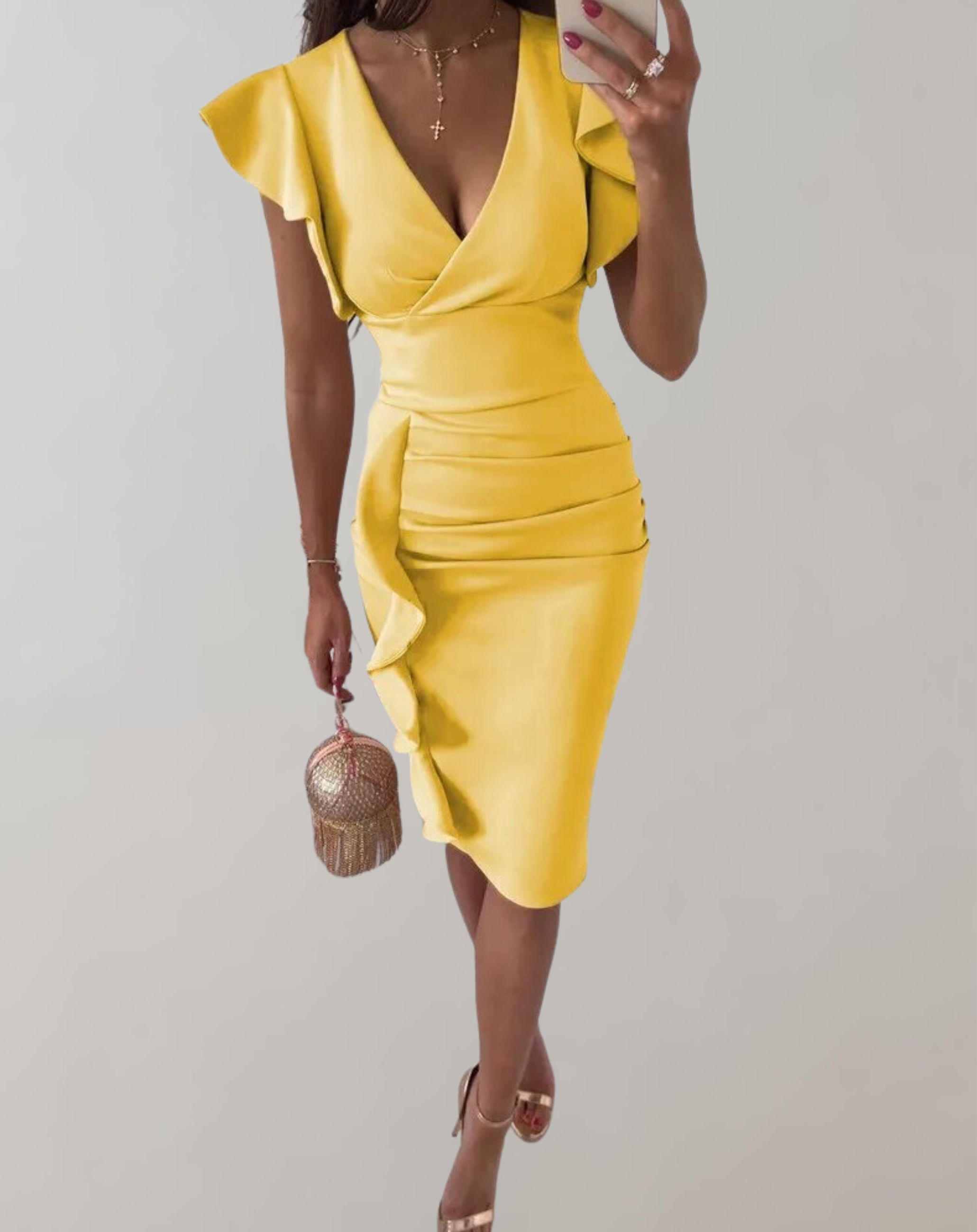 Yellow ruffle midi dress with v-neckline and ruched side panel