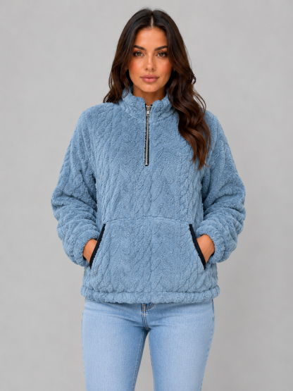 Vivica High Neck Plush Half-Zip Pullover - Dusty Blue