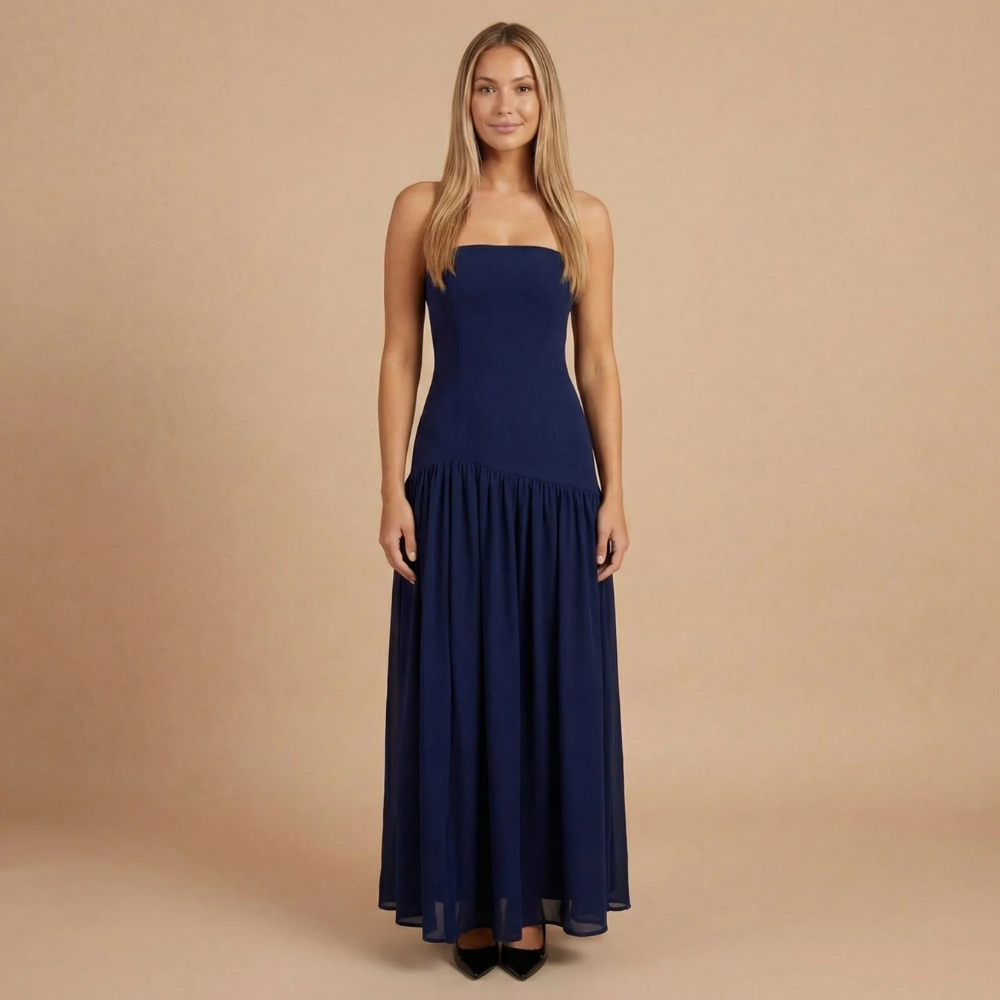 Navy blue strapless bandeau maxi dress with tiered ruffle skirt