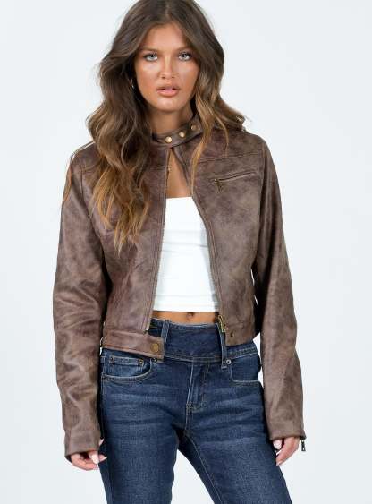 Voleta Distressed Fitted Moto Jacket - Brown
