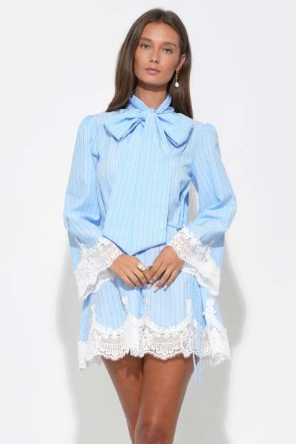 Waverleigh Tie Neck Mini Dress - Light Blue Stripe