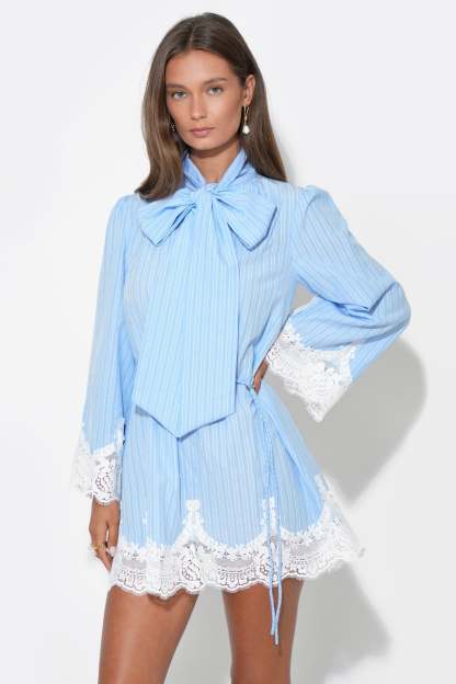 Waverleigh Tie Neck Mini Dress - Light Blue Stripe