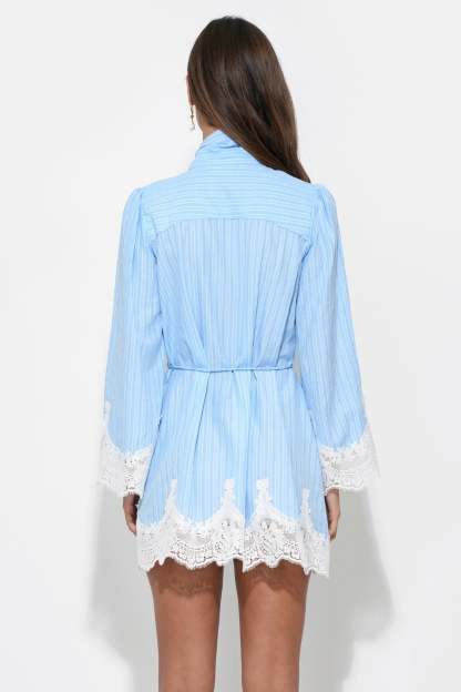 Waverleigh Tie Neck Mini Dress - Light Blue Stripe