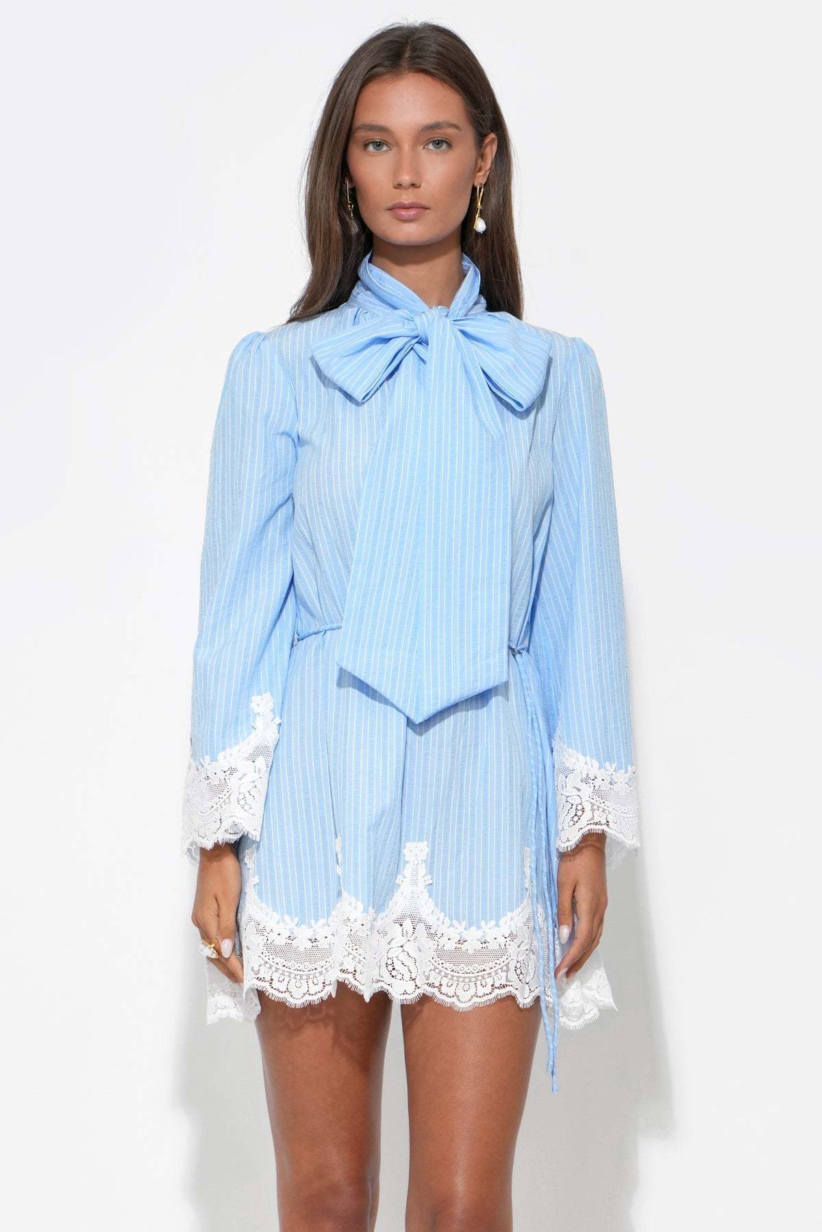 Waverleigh Tie Neck Mini Dress - Light Blue Stripe
