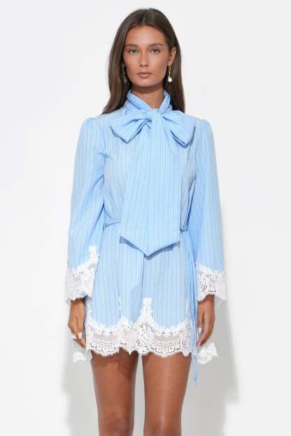 Waverleigh Tie Neck Mini Dress - Light Blue Stripe
