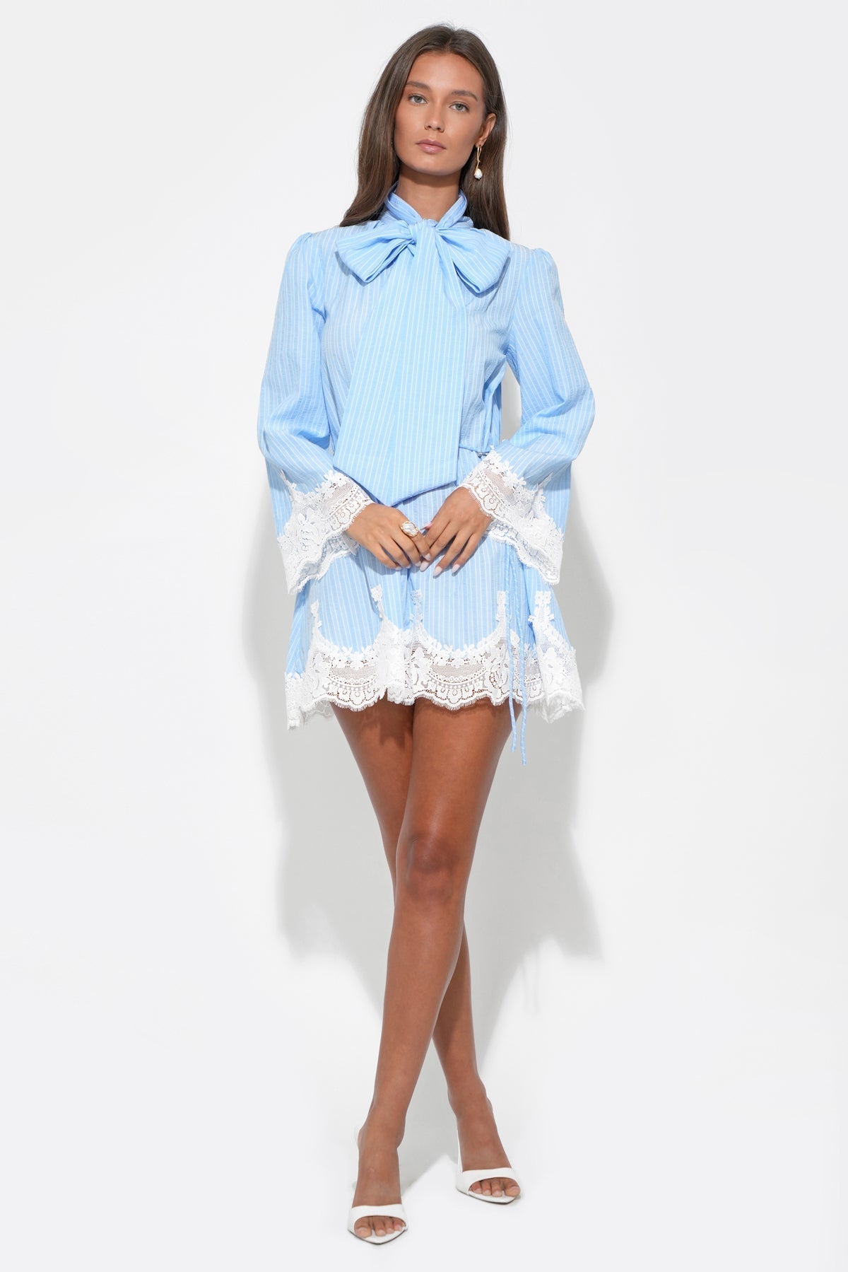 Waverleigh Tie Neck Mini Dress - Light Blue Stripe