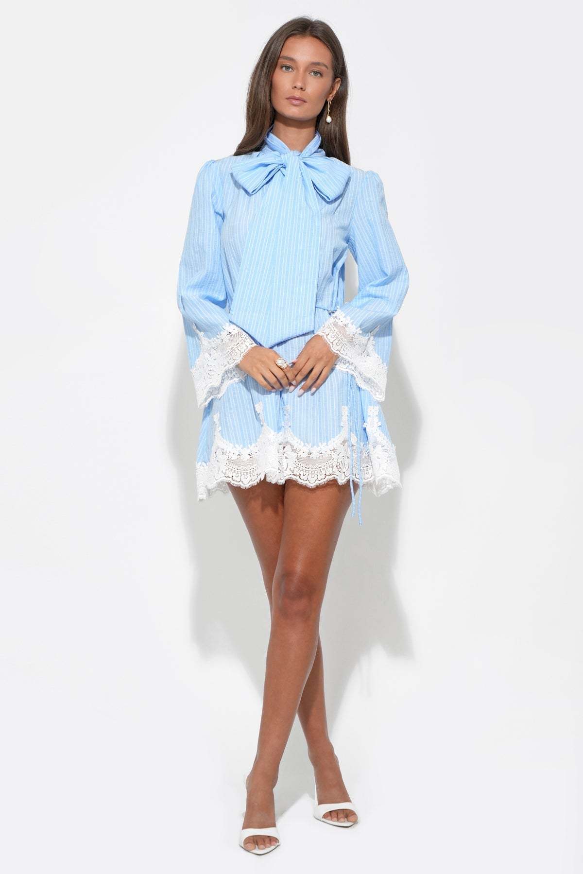 Waverleigh Tie Neck Mini Dress - Light Blue Stripe