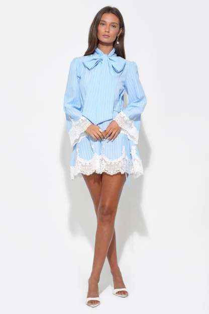 Waverleigh Tie Neck Mini Dress - Light Blue Stripe