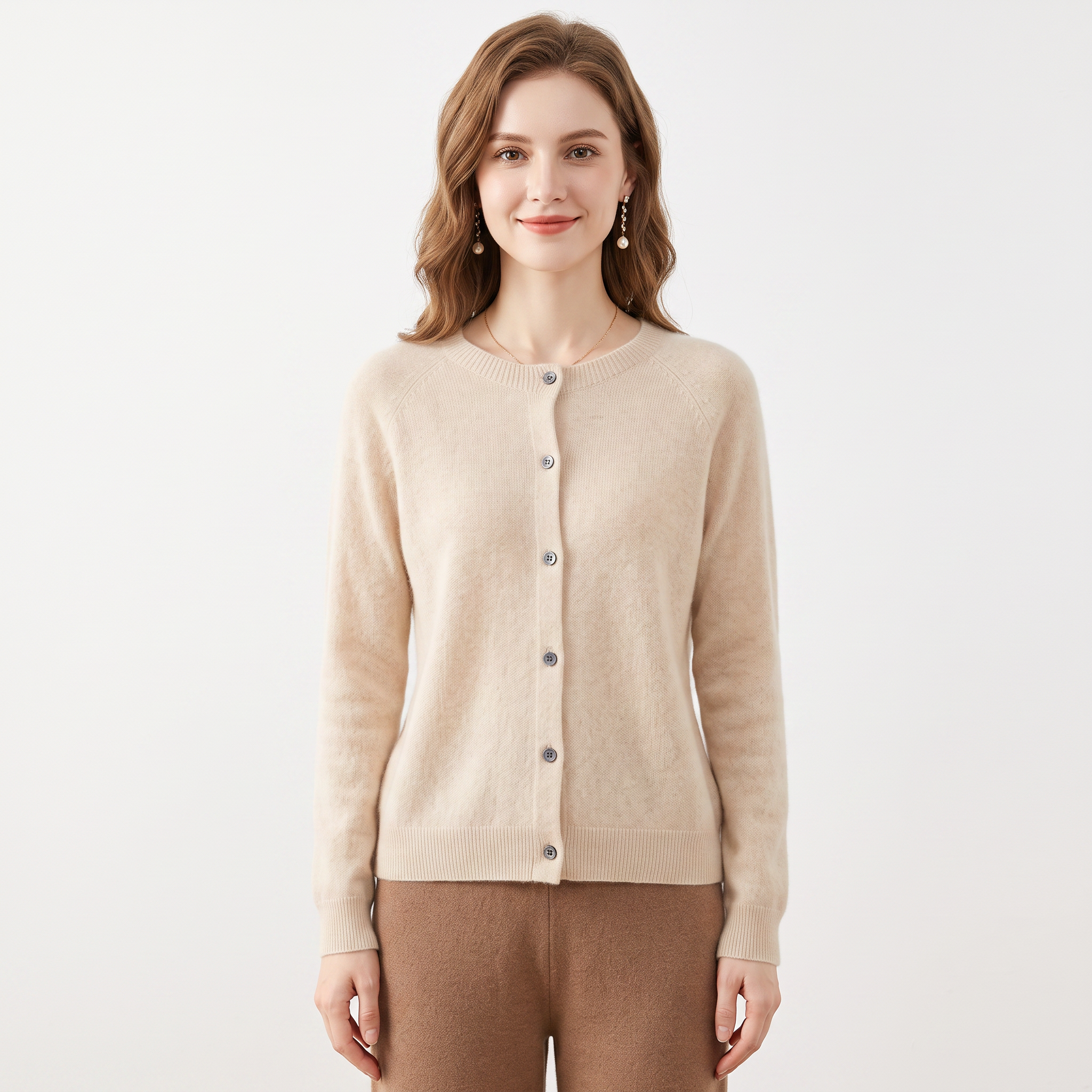 Wendeline Wool Knit Button-Up Cardigan - Beige