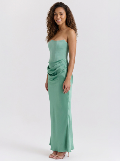 Wynonna Strapless Ruched Maxi Dress - Emerald Sage