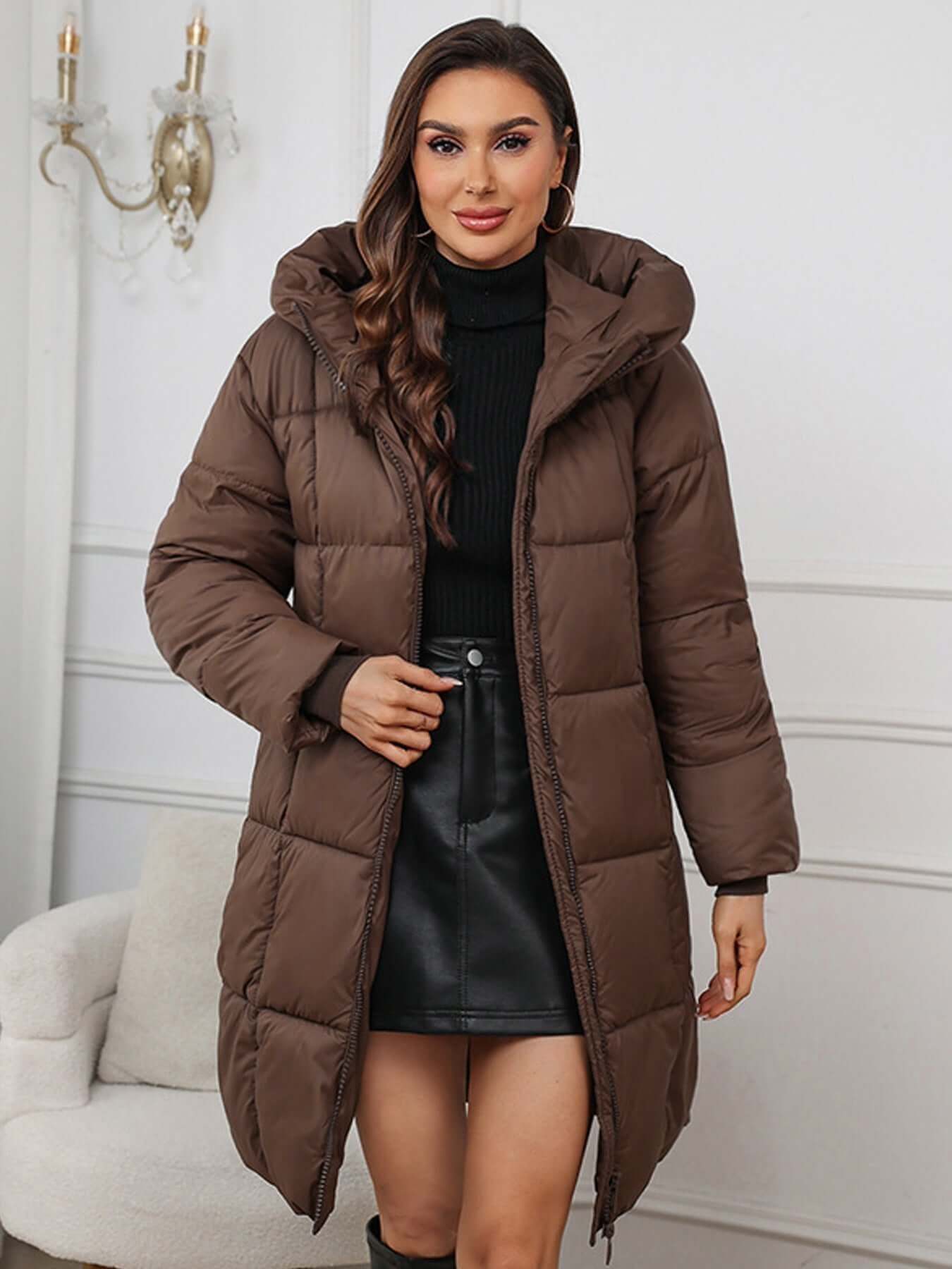 Yessenia Hooded Drawstring Puffer Parka - Brown