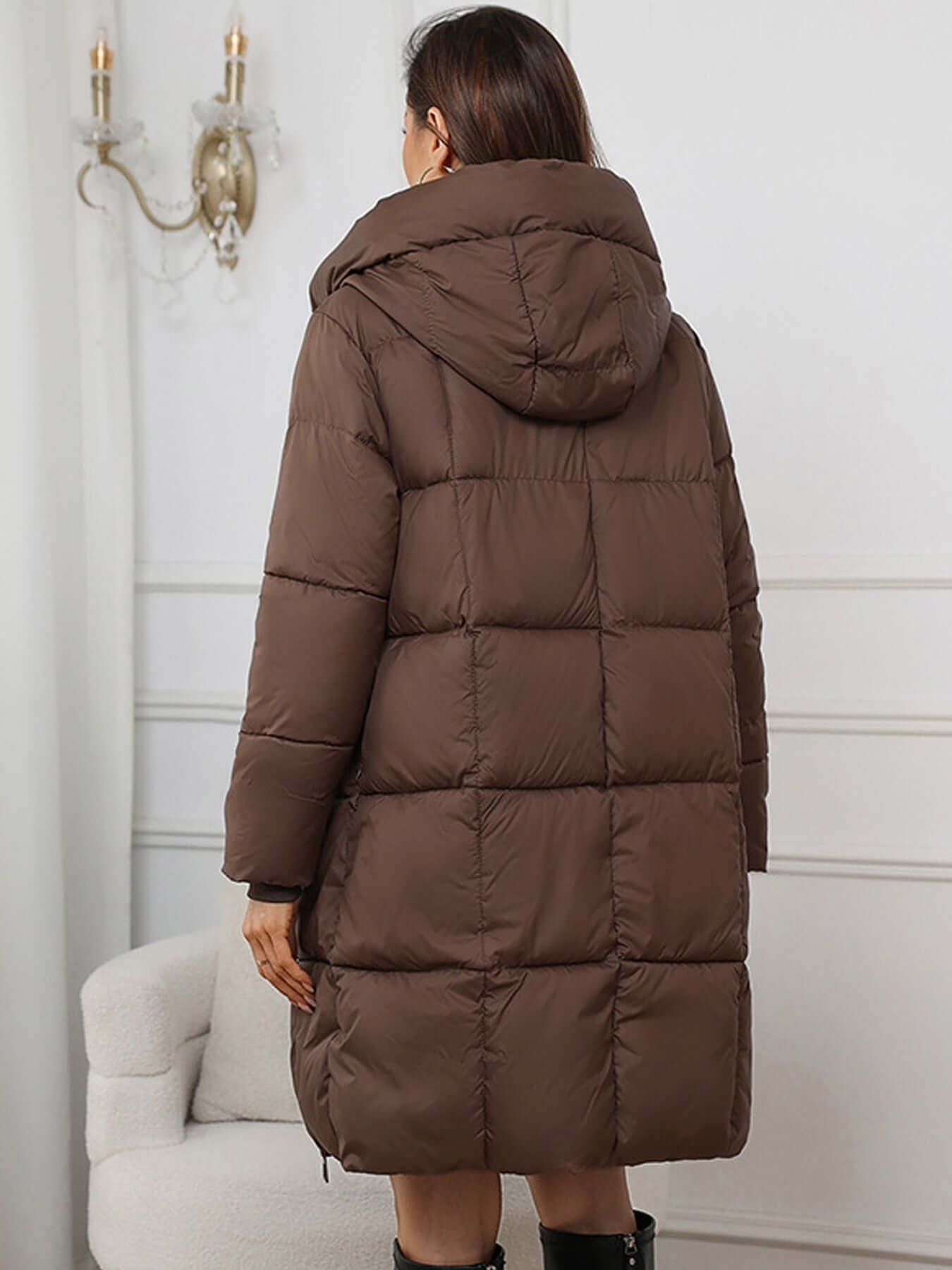 Yessenia Hooded Drawstring Puffer Parka - Brown
