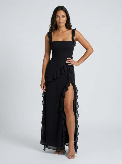 Yolande Ruffle Maxi Dress - Black