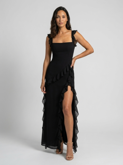 Yolande Ruffle Maxi Dress - Black