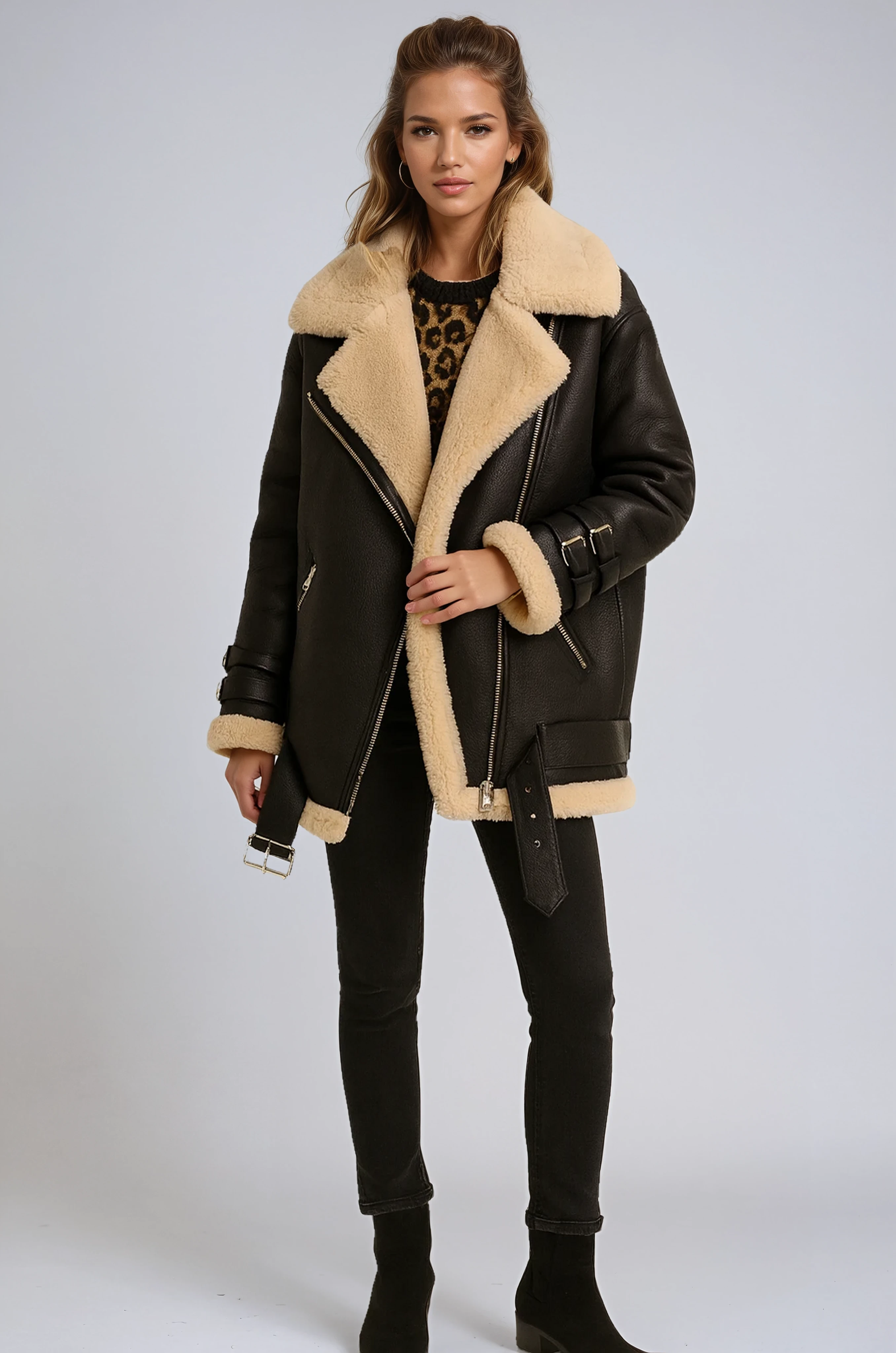 Ysolde Faux Shearling Aviator Jacket - Black