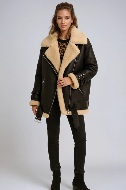 Ysolde Faux Shearling Aviator Jacket - Black