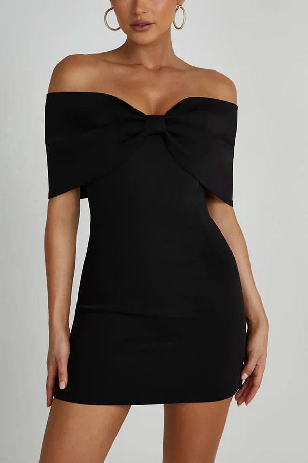 Black off-shoulder mini dress with bow neckline full length