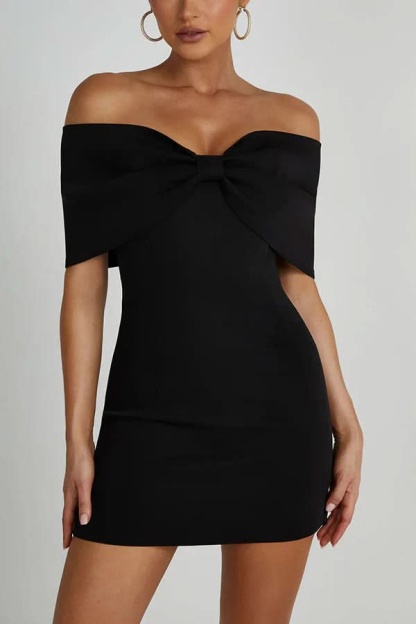 Black off-shoulder mini dress with bow neckline full length