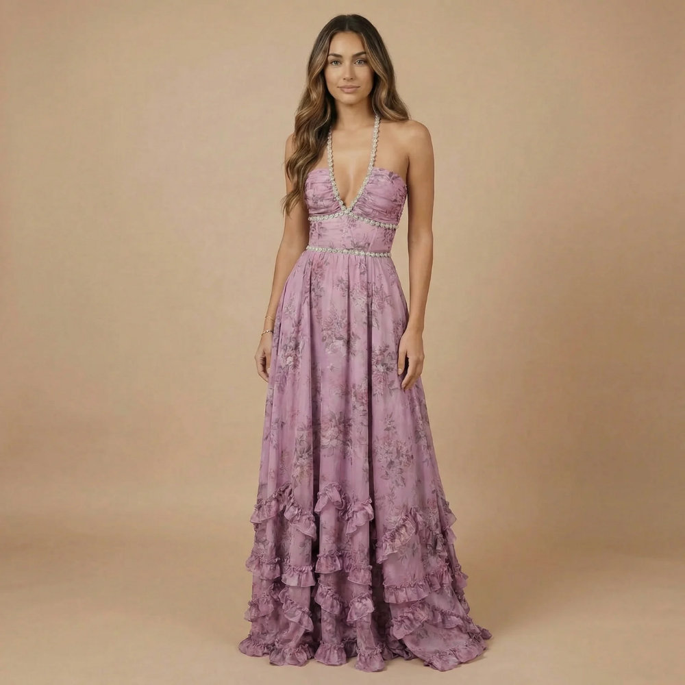 Mauve purple floral halter maxi dress with v-neckline and ruffled layers