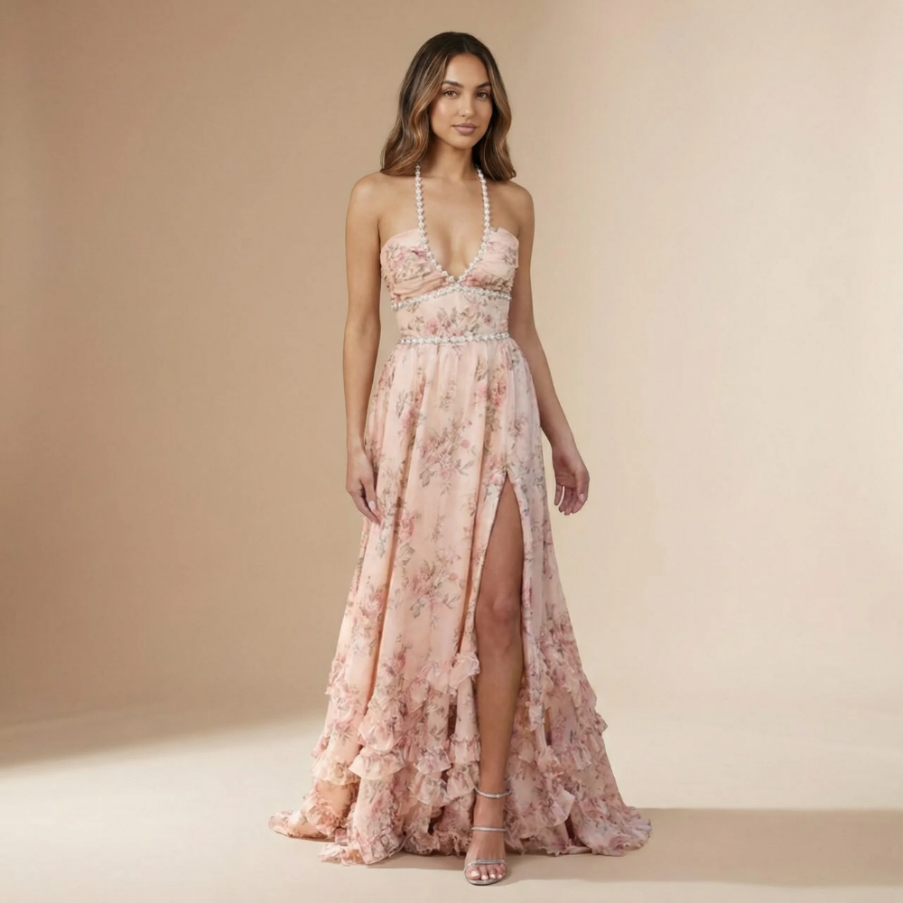 Blush pink floral halter v-neck maxi dress with tiered ruffled hem