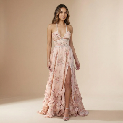 Blush pink floral halter v-neck maxi dress with tiered ruffled hem