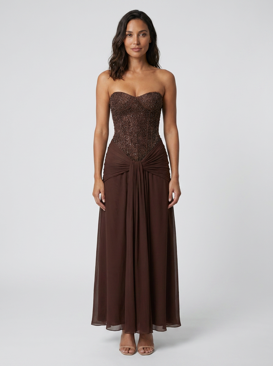 Alessia Corset Strapless Maxi Dress - Brown