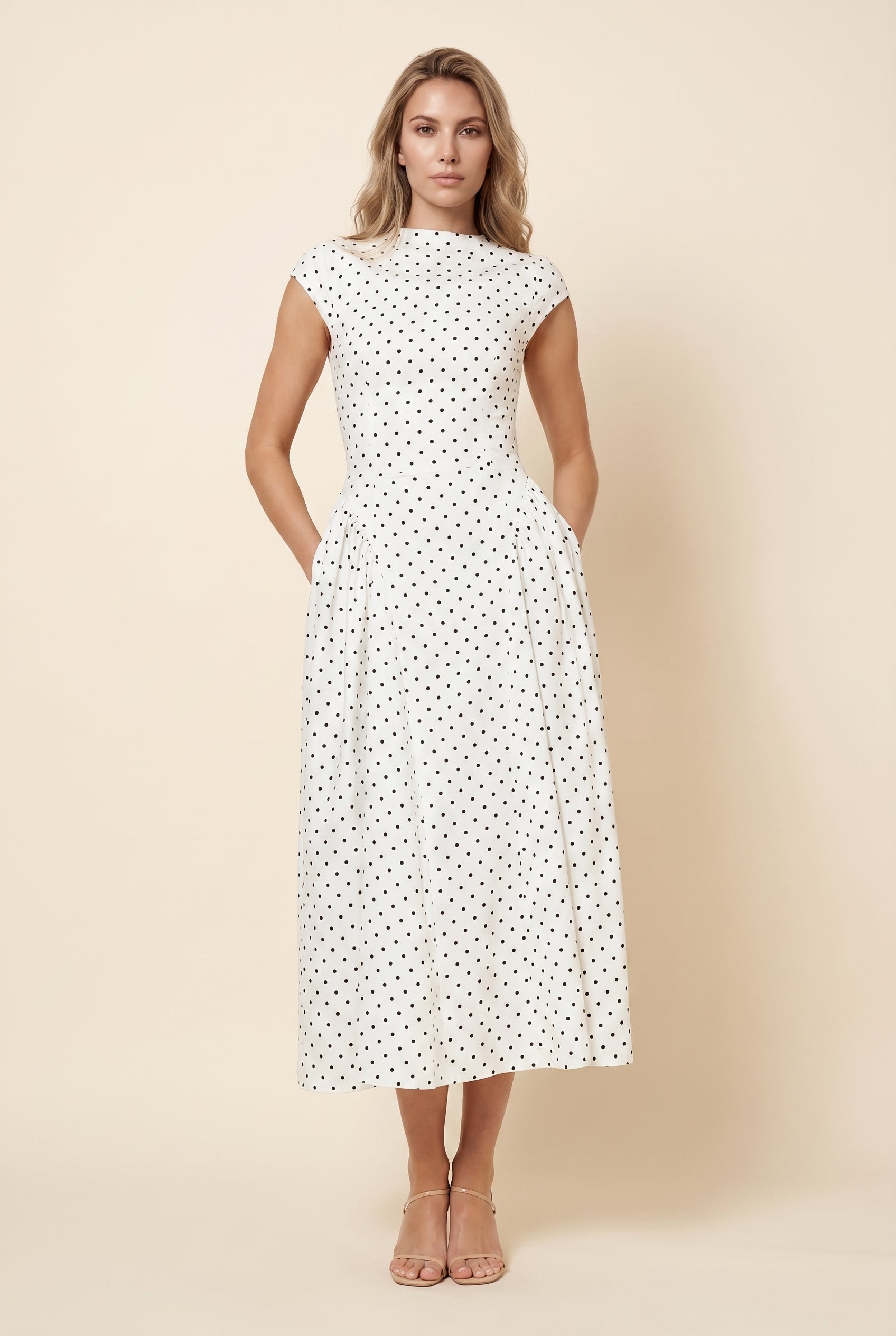 Edith Midi Dress - White Polka Dot