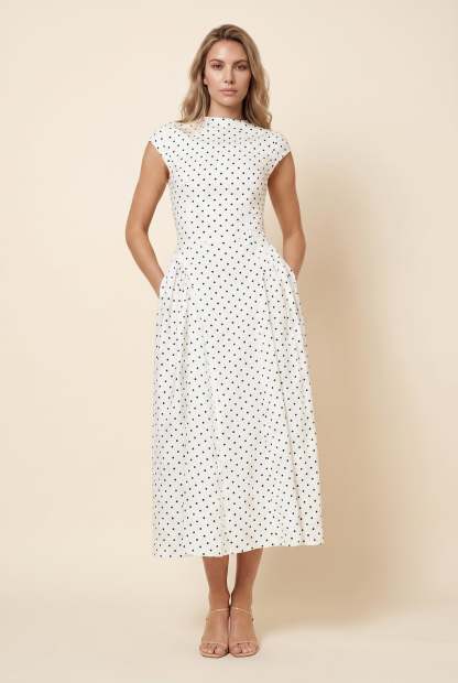 Edith Midi Dress - White Polka Dot