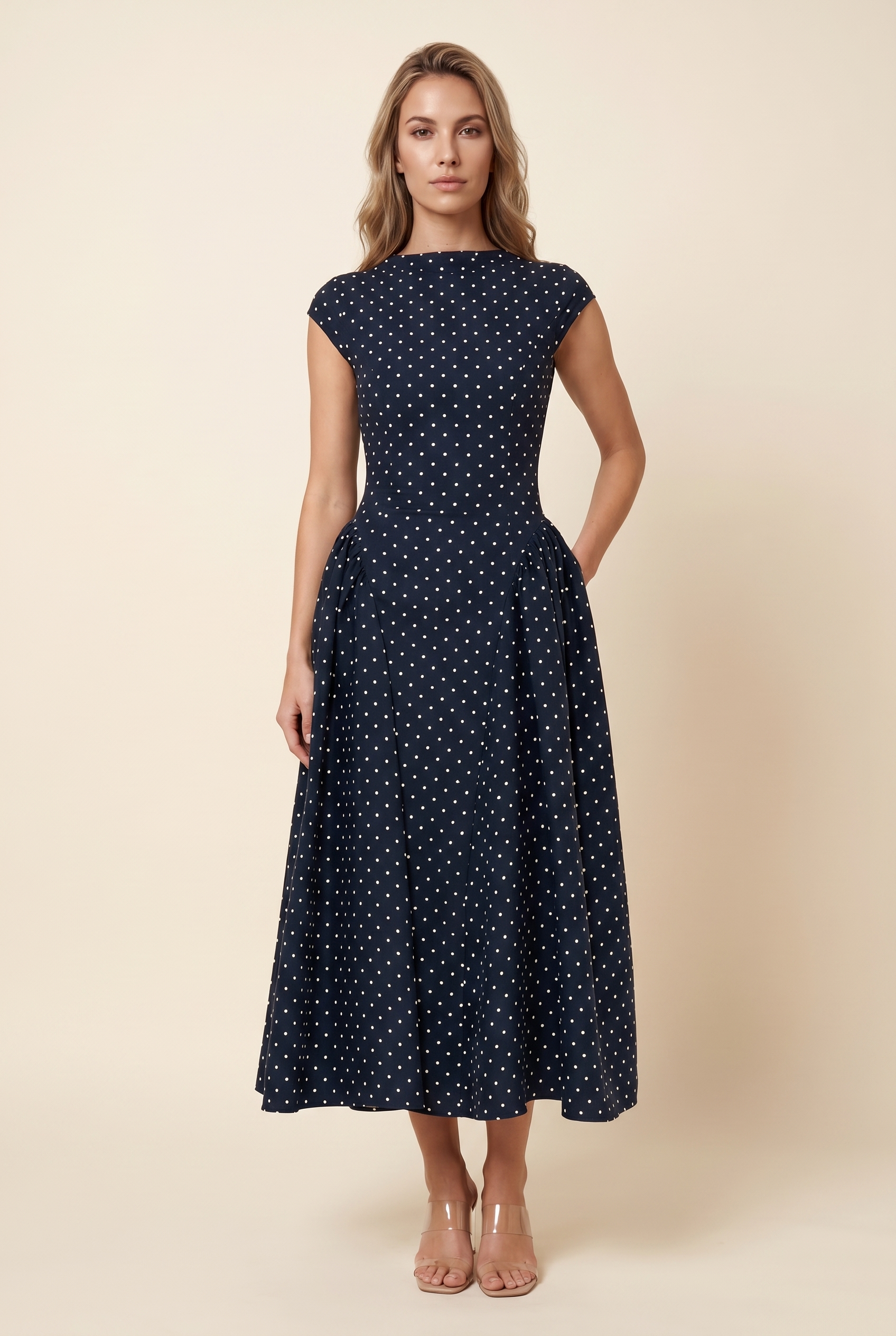 Edith Midi Dress - Navy Polka Dot