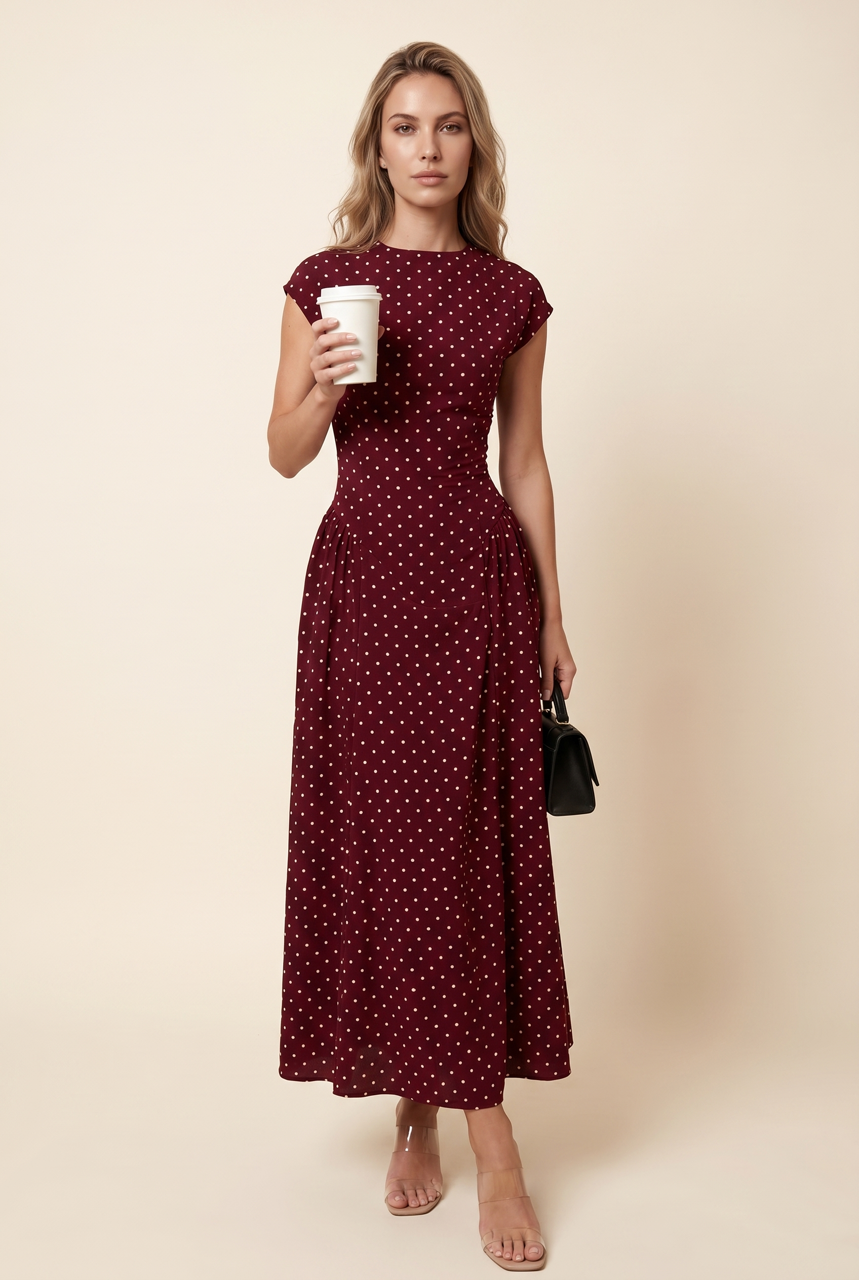 Edith Midi Dress - Burgundy Polka Dot